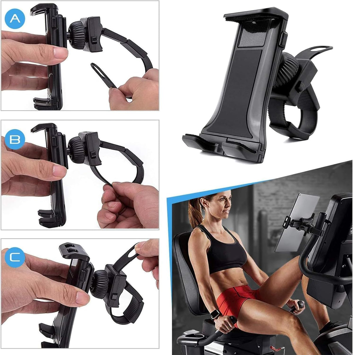 Mount, Tablet Holder with Anti-Slip Pole Clamp Belt, Adjustable Tablet Mount for Vocal Booth, Microphone Stand, Treadmill, Fits Up to 13" Tabs